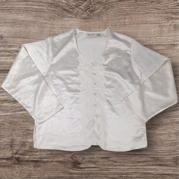 Vintage Victorias Secret Gold Label Pajama Set Lace White Satin Modest Large - Picture 2 of 11